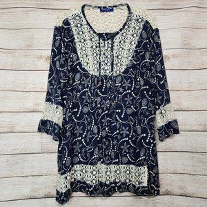 Royal Moda Boho Embroidered Lace Blouse Womens Size L 44 Navy Blue Lace Trim